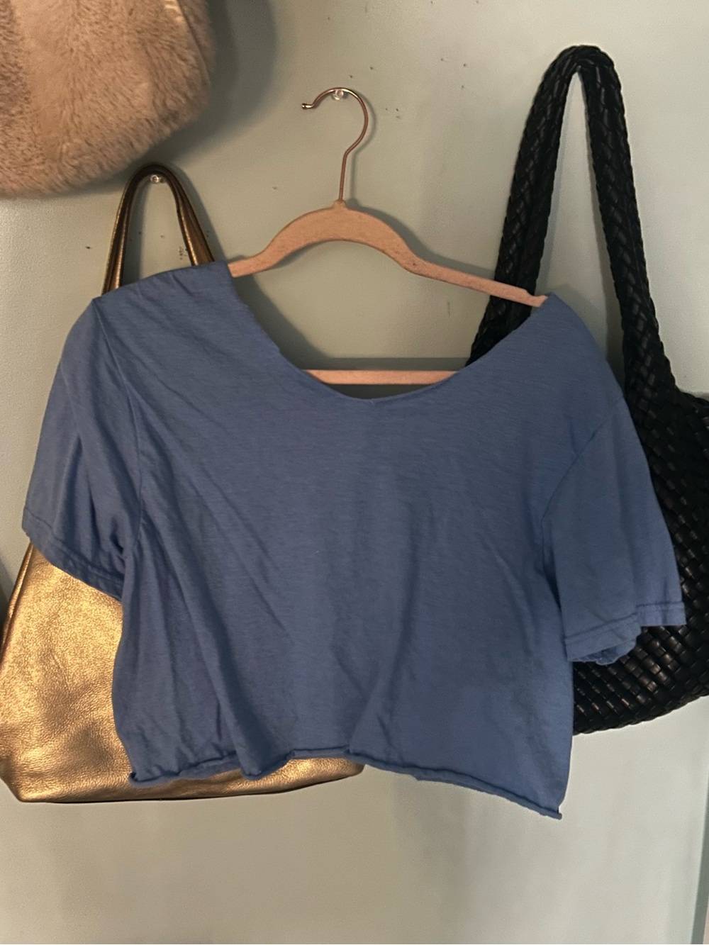 blue & grey off the shoulder cropped tee set